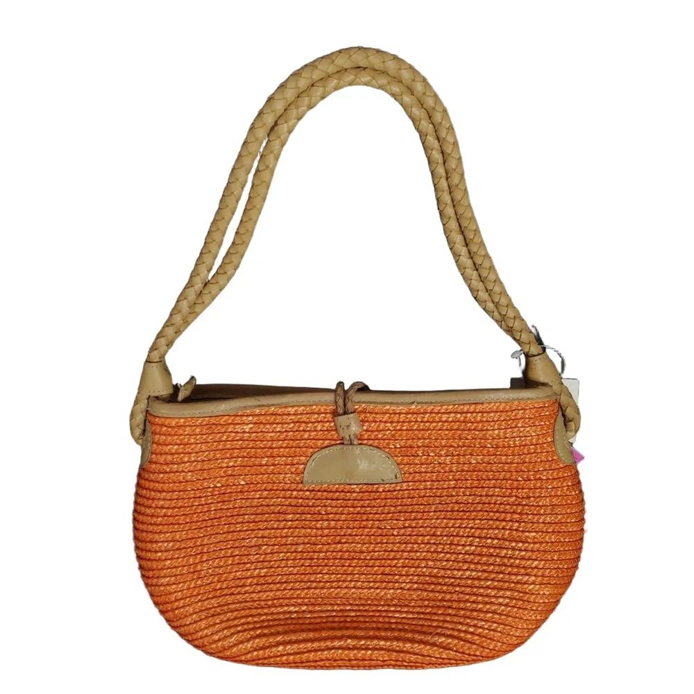 Vintage Donna Dixon Satchel Shoulder Bag Orange Woven‎ Straw Braided Leather